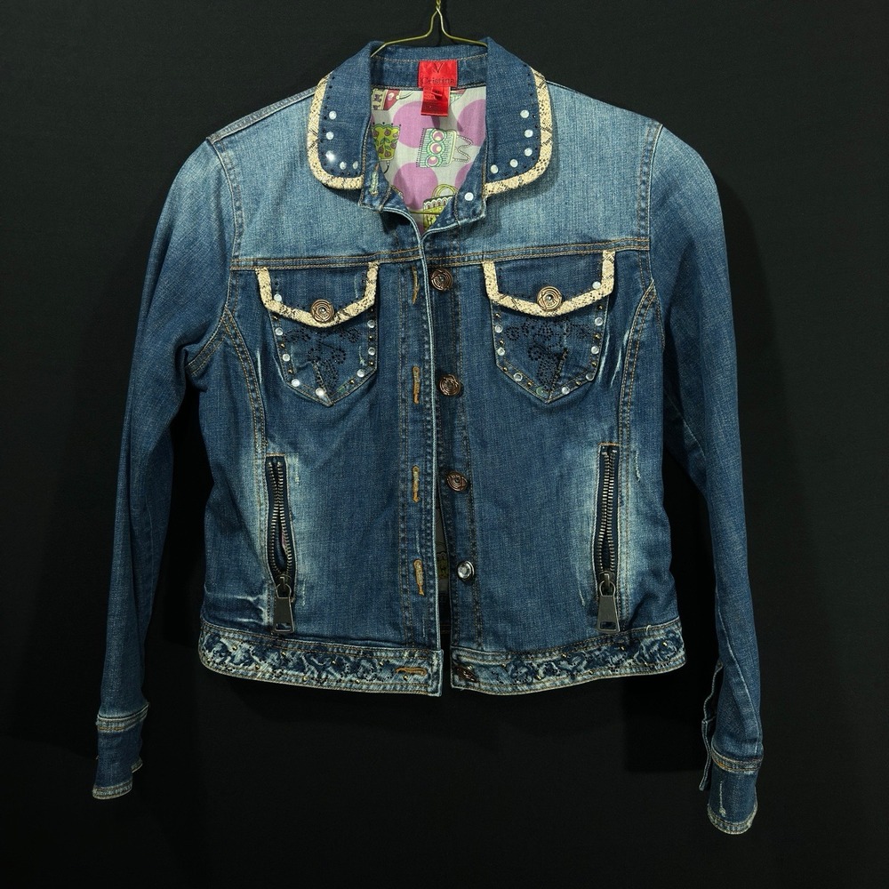 V‎ Cristina Womens Embroidered Bedazzled Denim Jacket Blue Cartoon Size Medium